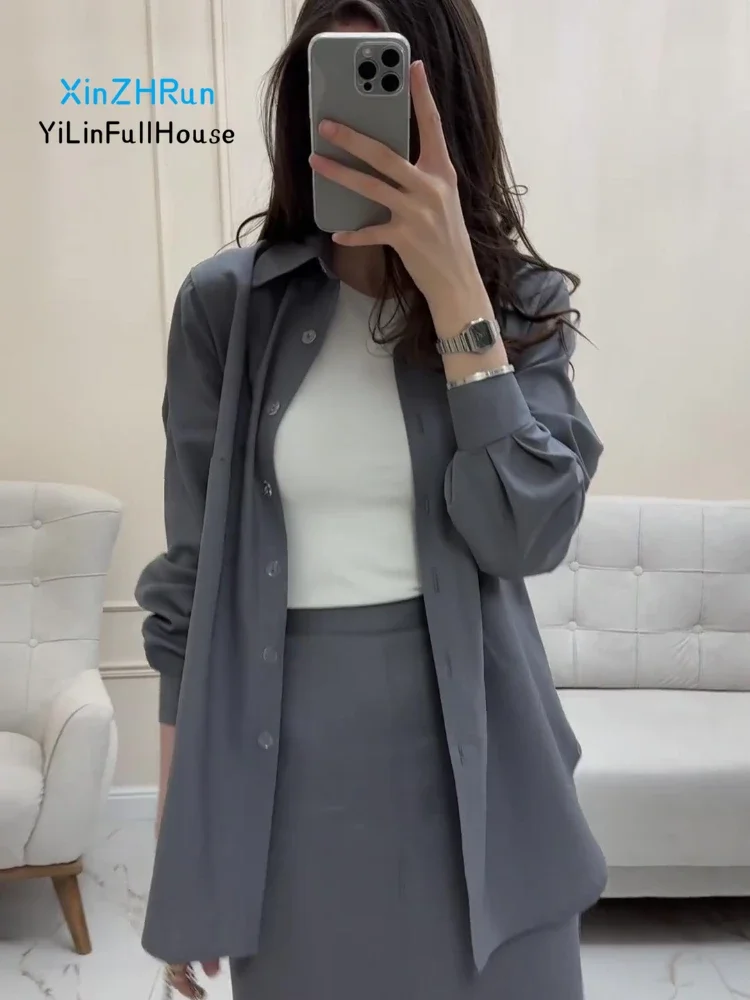 2024New Womens Lapel Single Breasted  Casual Loose Long Sleeved Shirt Top Temperament Slim Fit Elastic Waist Long Skirt Thin Set