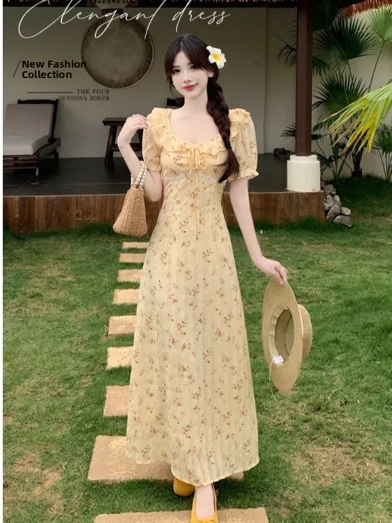 

plus Size Floral Print Dress V-Neck Tie Waist Slimming Gentle Vacation Style Korean Commute A-Line Long Summer Dress