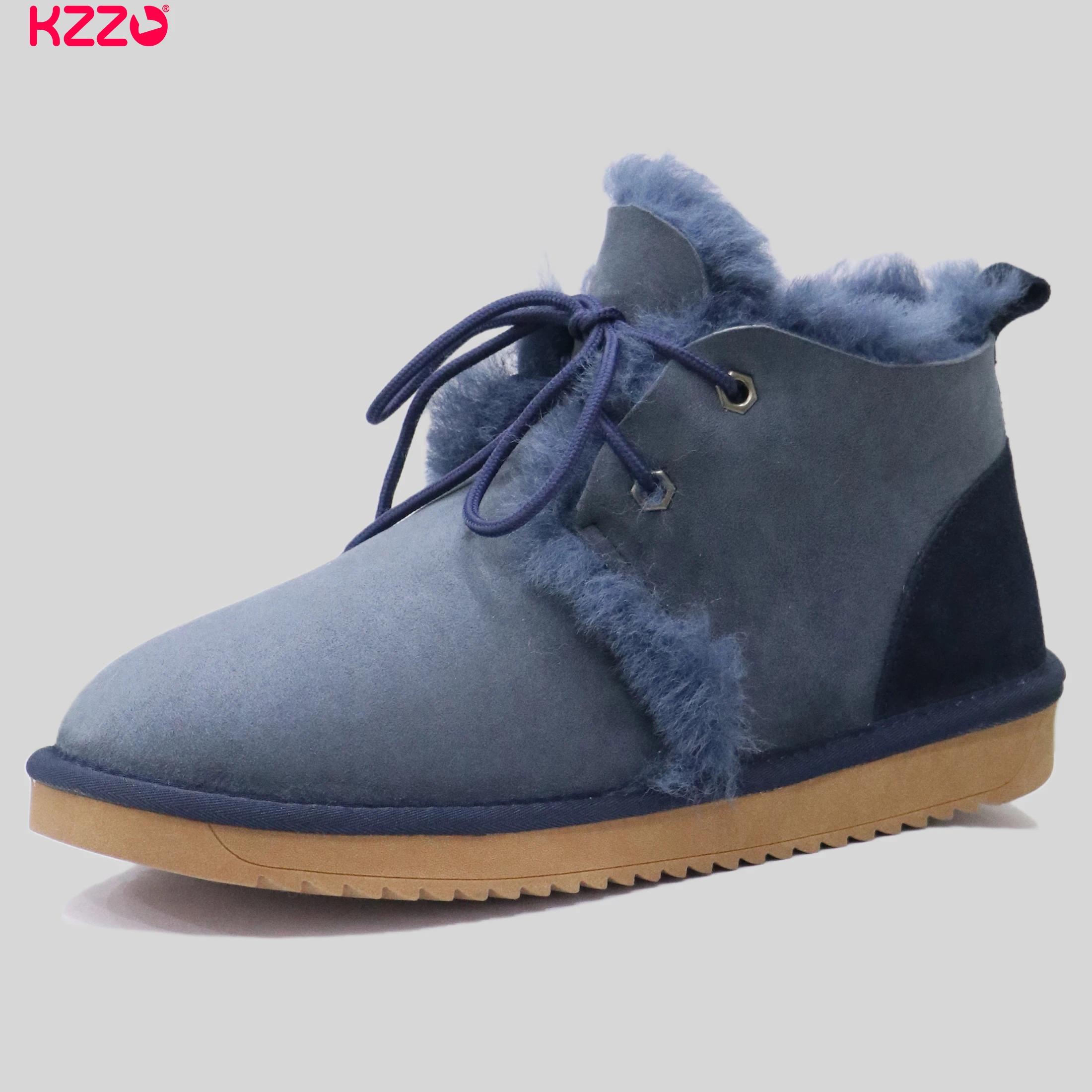 KZZO Women's 100% Sheepskin Leather Lace Up Boots, Australian Natural Fur Lined Winter Ankle Boots Warm Flat Non-Slip Sole