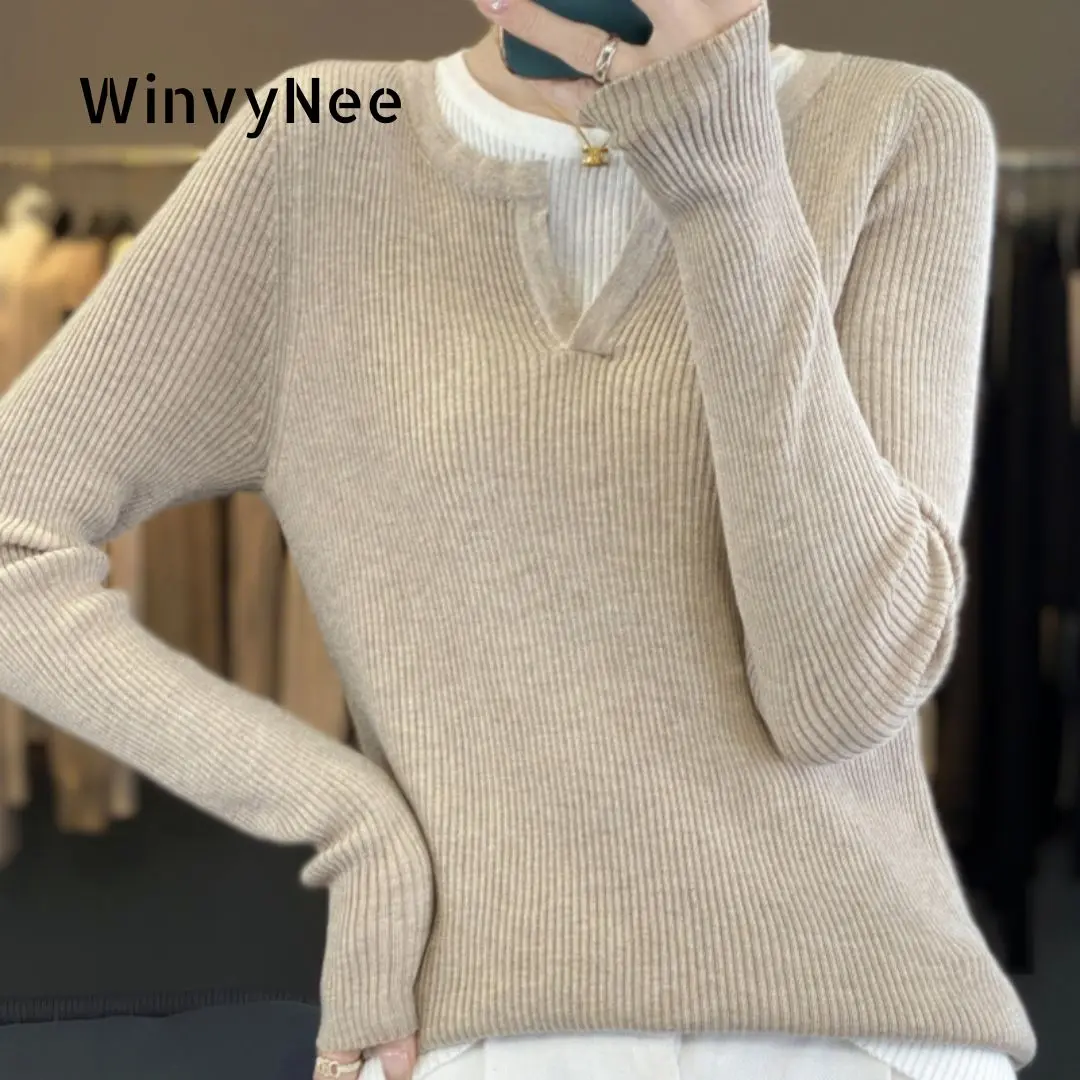 

WinvyNee Women's Slim Fit Layered Wool Knitted Top Half Open Neck Fake Two Piece Ribbed Two Tone Spring Fashion Outfit ZA1047024