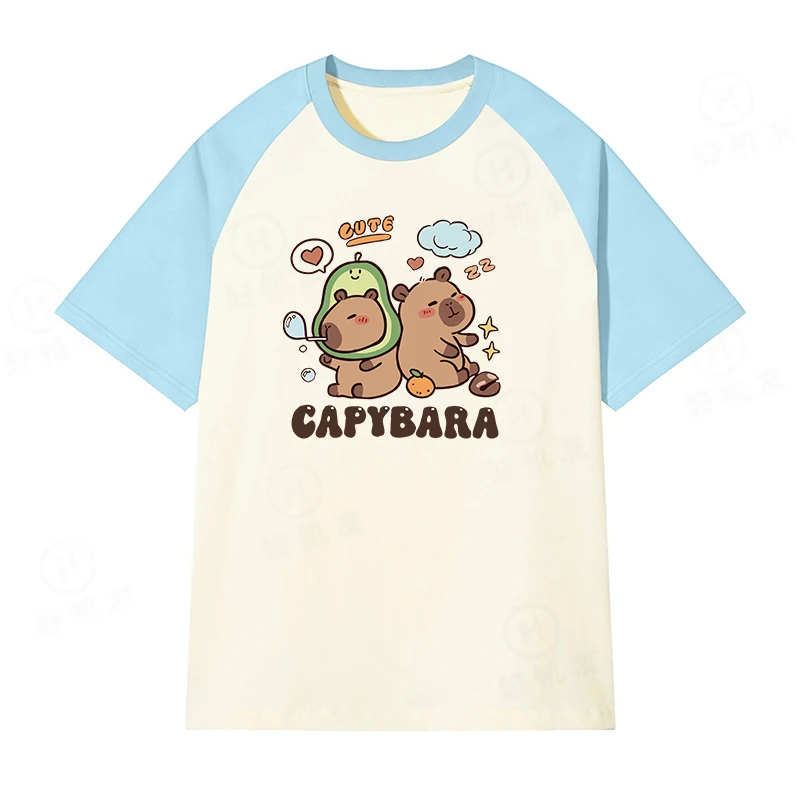 Summer Girls 100% Cotton T-shirts Capybara Cartoon Tees Adorable Breathable Color-Block Top for Kids 3 4 5 6 7 8 9 10 11 12 Year