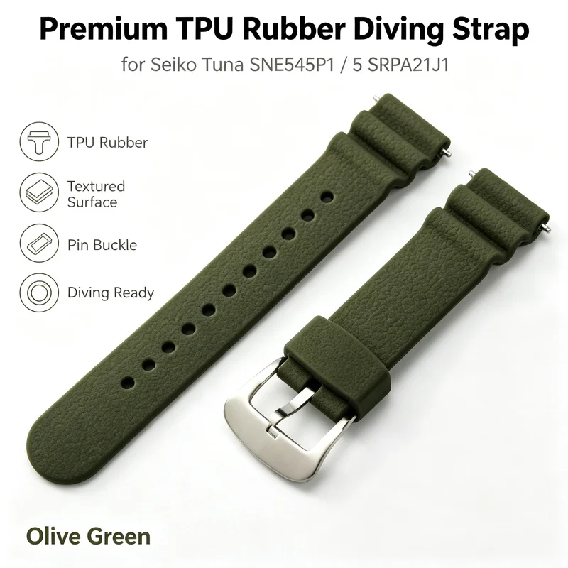 Premium TPU Rubber Strap for Seiko Tuna SNE545P1 5 SRPA21J1 Olive Green Textured Pin Buckle Diving Men Replacement Watch Band