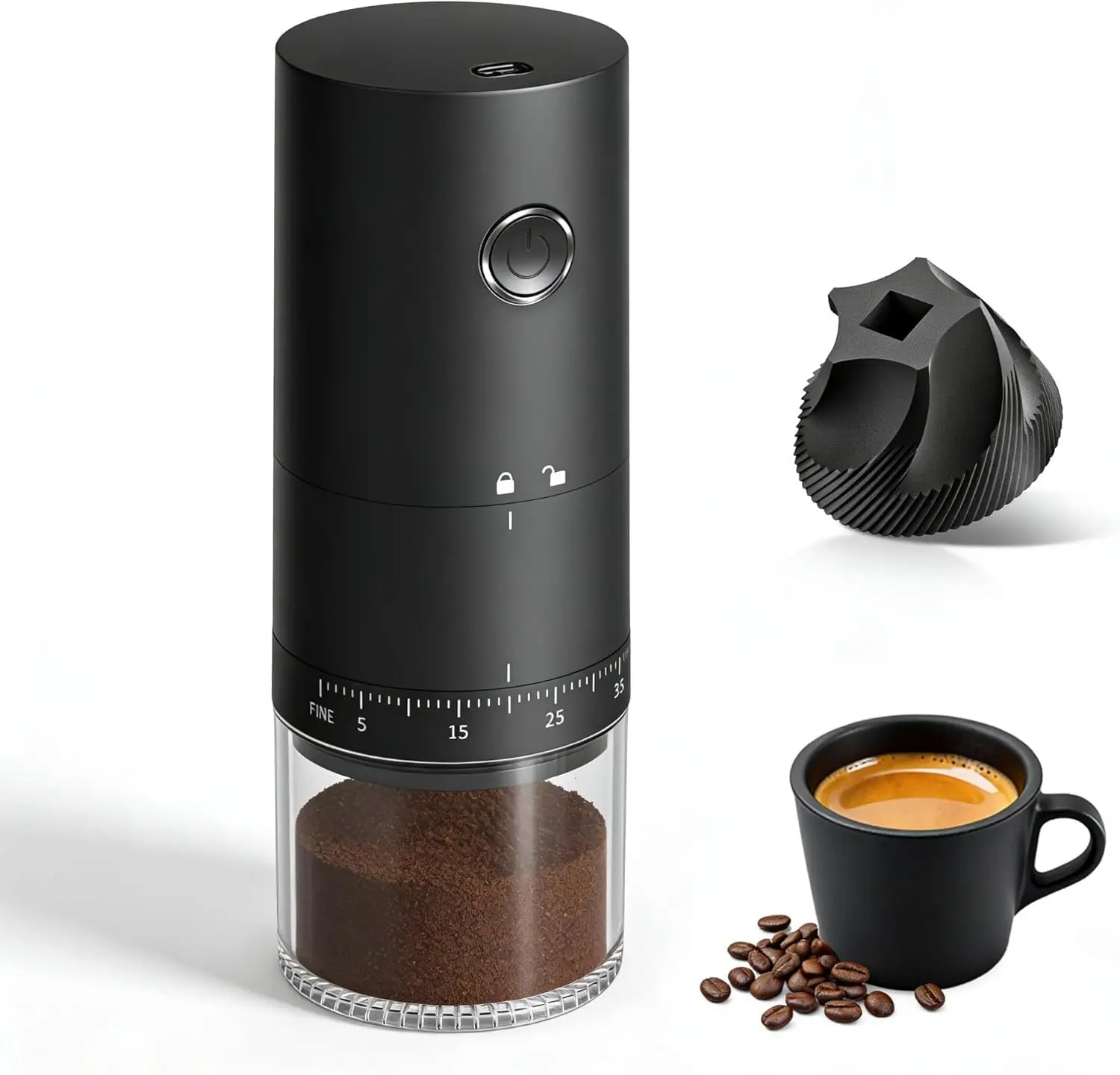 Portable Burr Coffee Grinder With 38 Settings Cordless 2000mAh Rechargeable Fast Grinding for Travel Espresso