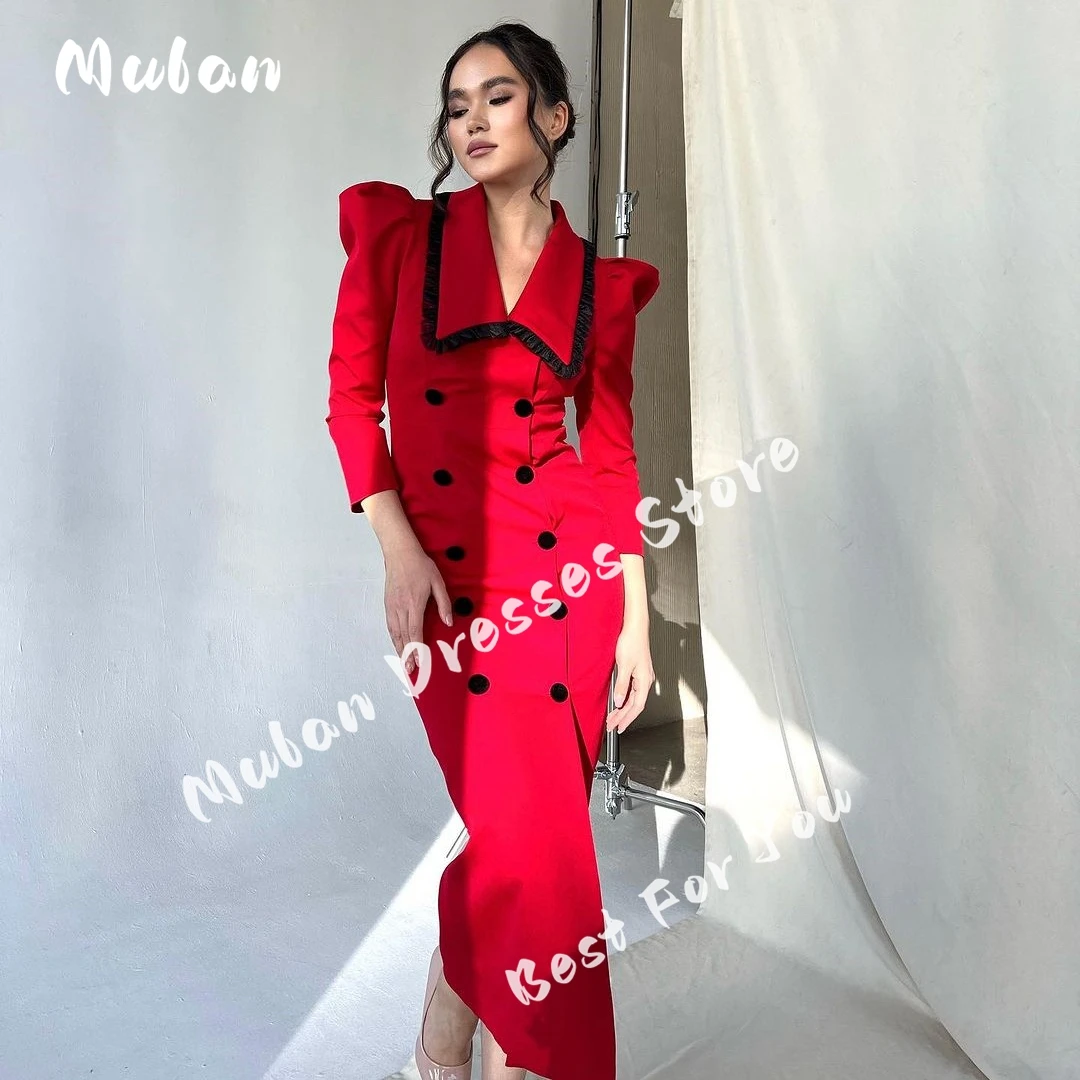 

Vintage Red Buttons Evening Dresses Lapel Long Sleeve Tea-length Formal Dresses For Prom vestidos de fiesta