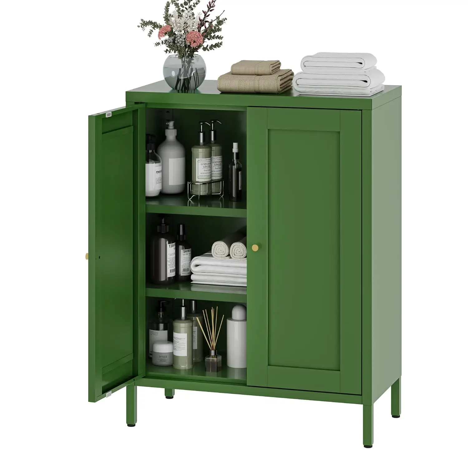 Metal Cabinet 2 Shelves 2 Doors Freestanding Sideboard Small Space Living Room Office Dining Green 1PC, Customized