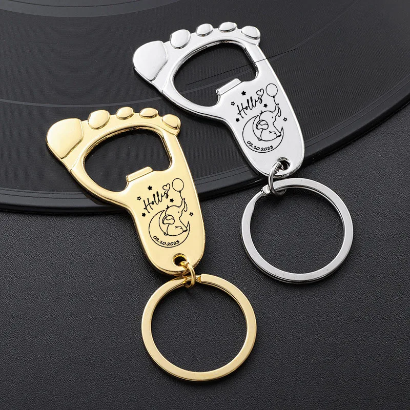 20-80pc Personalized Baby Foot Shaped Keychain Bottle Opener Baby Shower Favor Boy Girl Birthday Party Souvenir Gifts For Guests