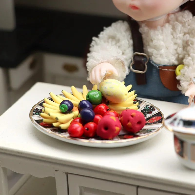10Pcs 1:12 Dollhouse Miniature Fruit Vegetable Set, Fake Banana Apple Strawberry Peach for Micro Scene Pretend Play