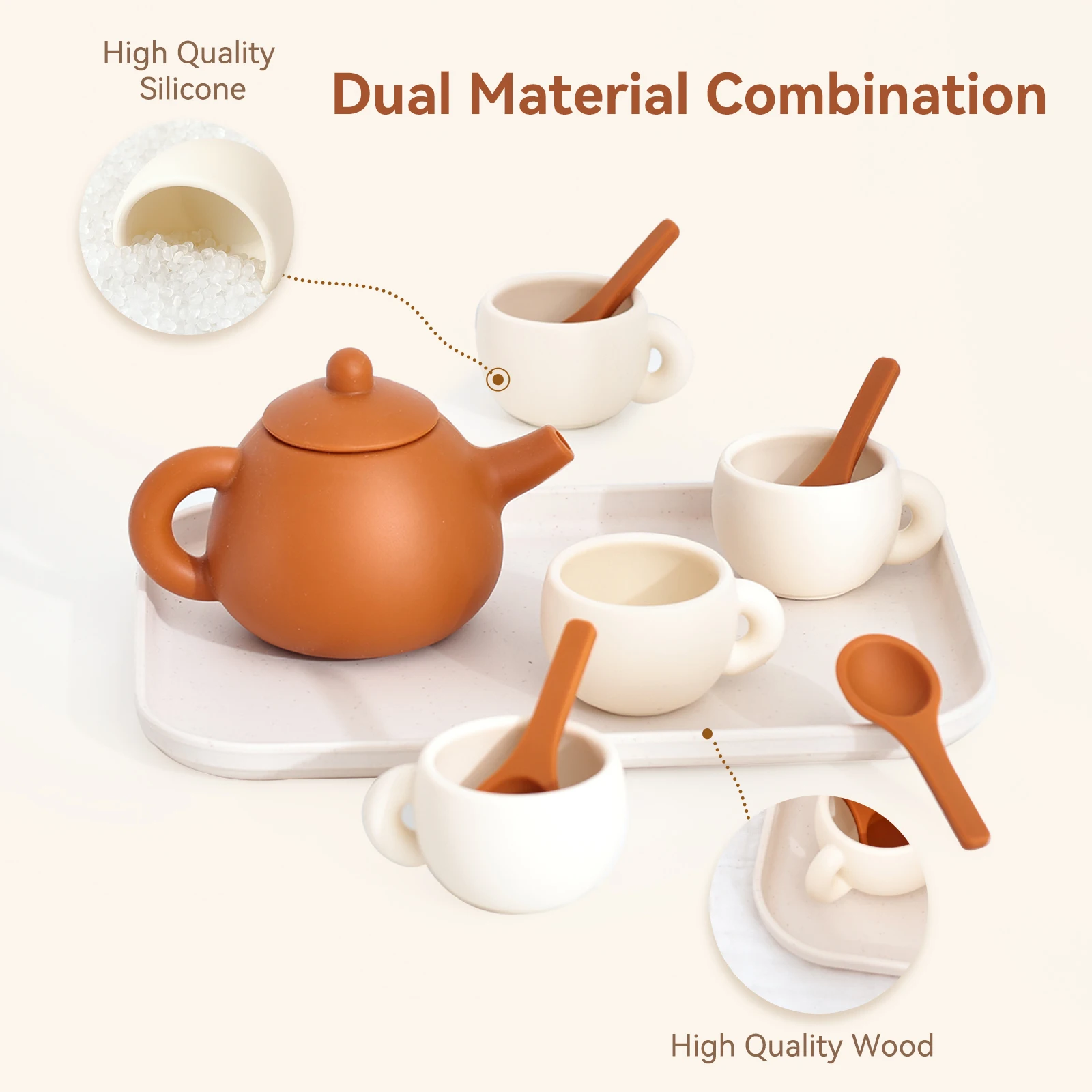Free Custom Silicone Tea Set for Age 1-3 Kids, 6Pcs Teapot Cups Coasters Carrying Scoop, Kitchen Accessories Pretend Play Gifts