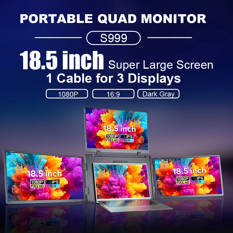 Exclusive First Release 18.5 Inch Portable Quad Monitor for Laptop Office 1 Cable for 3 Displays Type-C No Screen Switching view 3