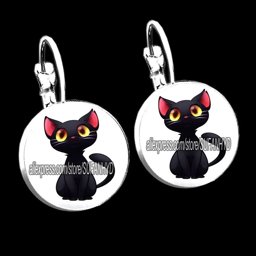 Cute Furry Cat Girl Stud Earrings Naughty Little Cat Glass Cabochon French Hook Earrings I Love My Cat Women Earrings jewelry