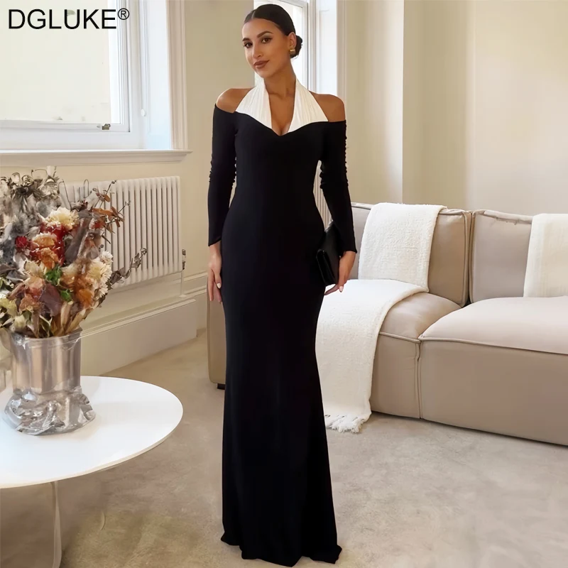 

DGLUKE Contrast Halter Long Dress Woman Off Shoulder Backless Maxi Dress Autumn Winter Black Long Sleeve Dresses Elegant