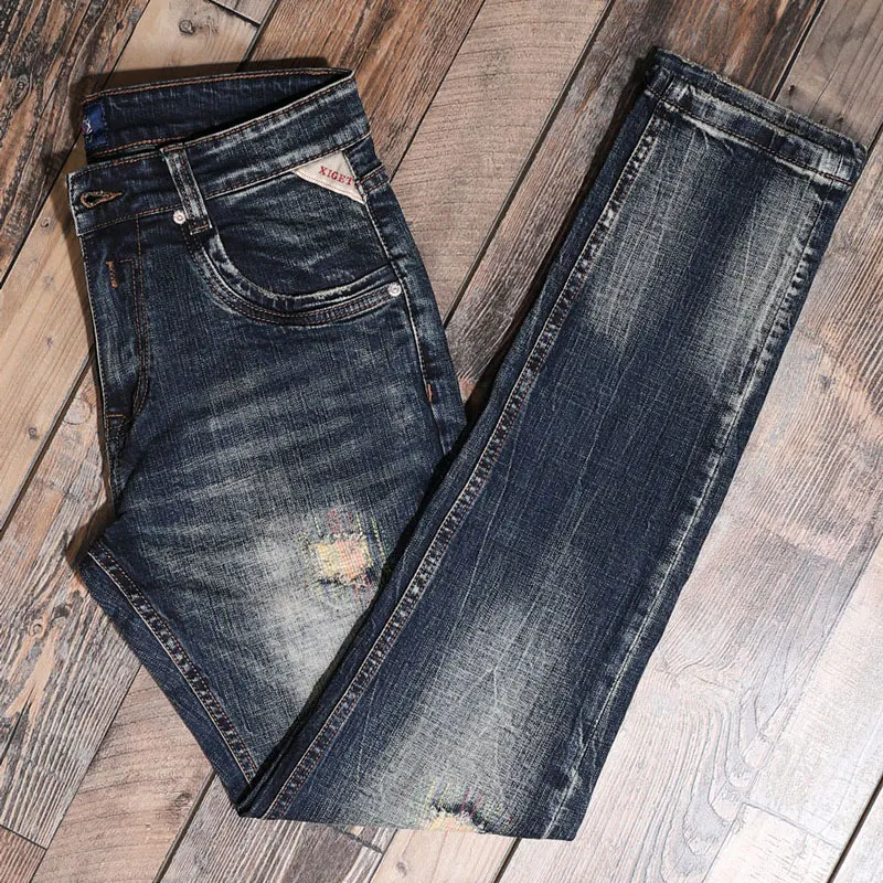 Italian Fashion Retro Blue Jeans for Men High Quality Slim Fit Casual Elastic Designer Pants Scratched Hombre