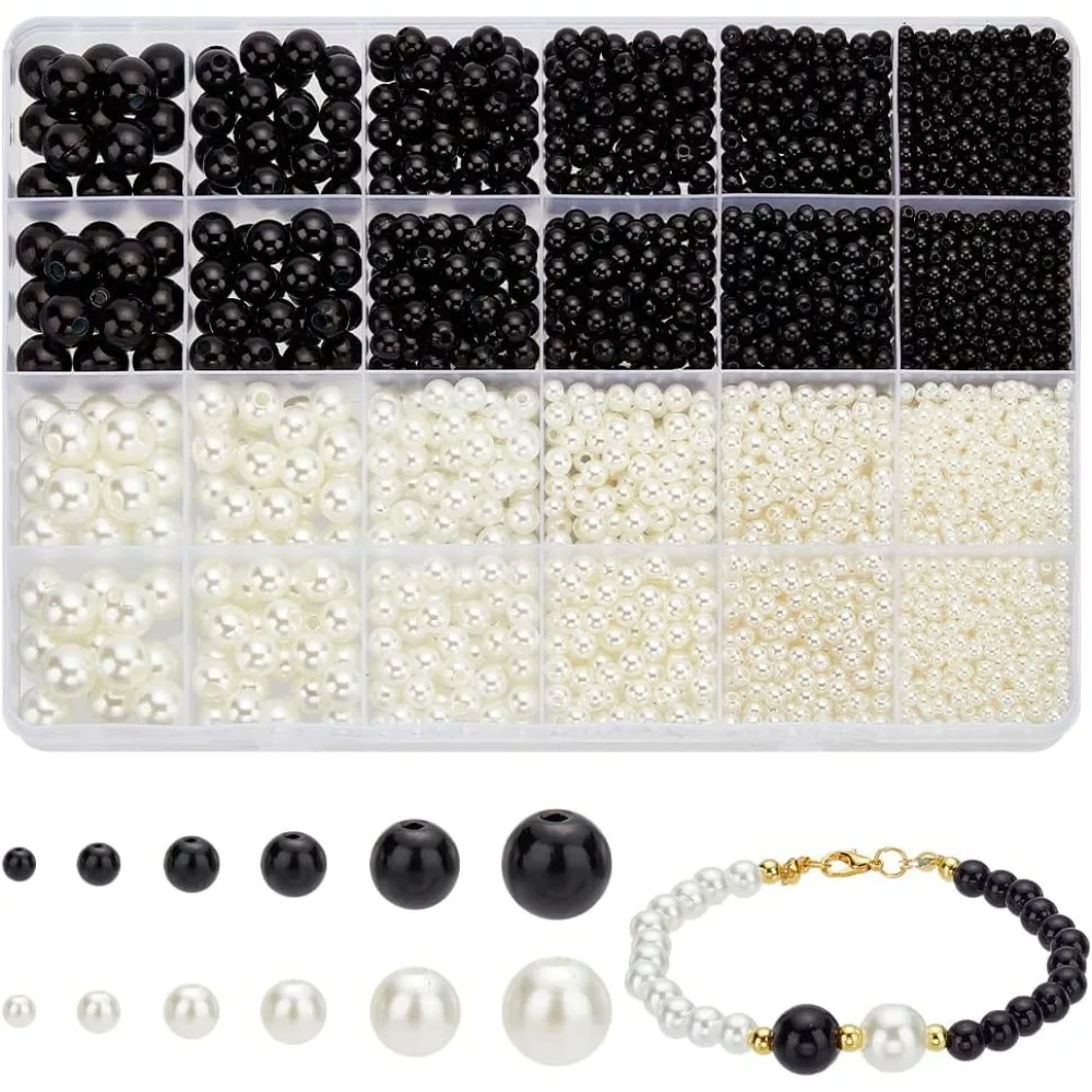 3904pcs 6 Sizes Pearl Beads Black/White Craft Pearl Round Smooth Spacer Beads ABS Plastic Loose Beads for Bracelets Necklace