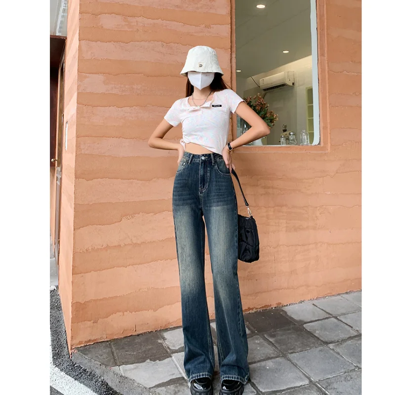 

Blue High Waist Women's Jeans Flare Pants Vintage American Fashion Street Wide Leg Jean Female Denim Trouser Baggy Denim Pants