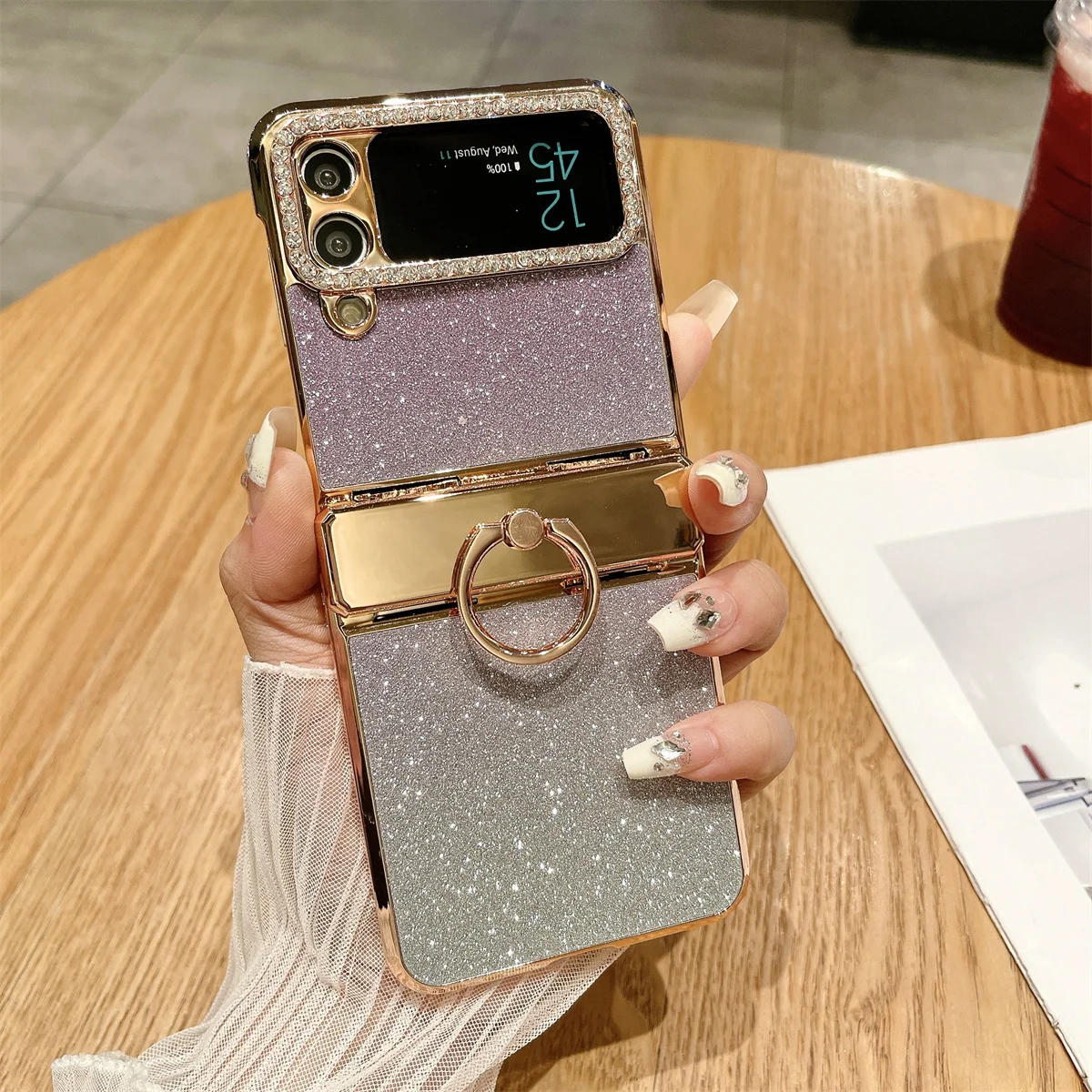 Luxury Plating PC Hard Phone Case For Samsung Z Flip 4 Flip 3 Gradient Glitter Shock-proof Full Protective Shell With Ring