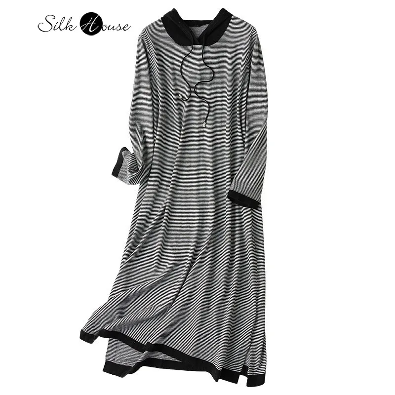 

Early Autumn New Natural Mulberry Silk Cashmere Blended Knitted Sweater Medium Long Hooded Black and White Striped Loose Dress