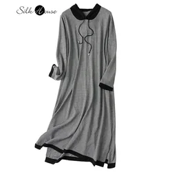 Early Autumn New Natural Mulberry Silk Cashmere Blended Knitted Sweater Medium Long Hooded Black and White Striped Loose Dress