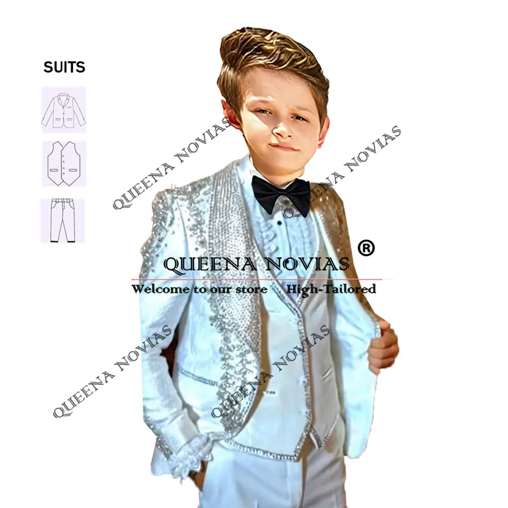 

Boy's Suits For Wedding Luxury Metallic Jewelry Rhinestones Children Tuxedos Customized Sparkly Sequins Lapel Kids Party Suit
