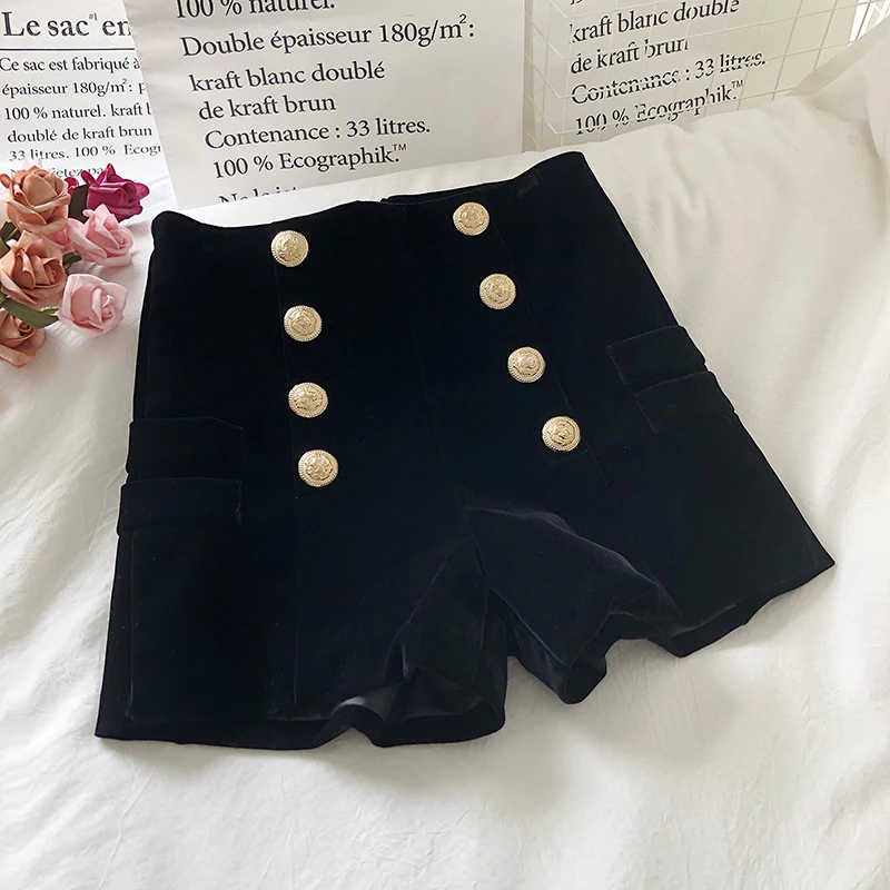 High Waist Gold Velvet Wide Leg Shorts Chic Double Breasted Zip Bottoms Autumn Winter Fashion All-match Casual Ropa Mujer