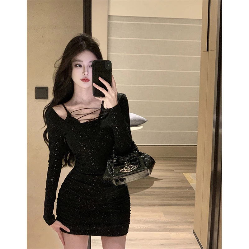 

Jielur Black Dot Slim Slight Stretch Fashion Female Dresses Fashion Solid Color Long Sleeve Sexy Slash Neck Chic Women'S Dresses