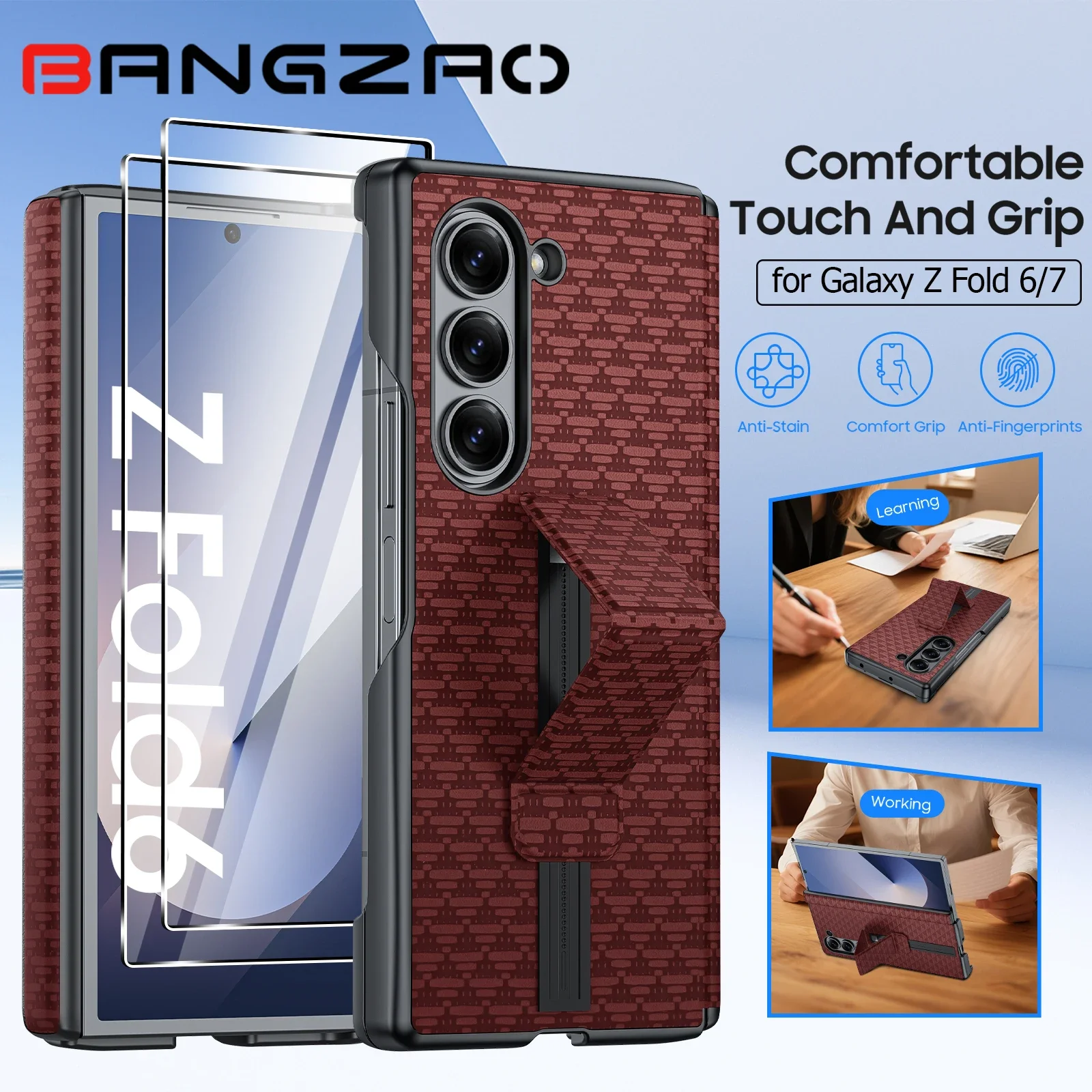 

С защитной пленкой[2 Pack][Hold Strap][Hinge Cover]Противоударный кожаный защитный чехол для телефона Galaxy Z Fold 6/7-Red