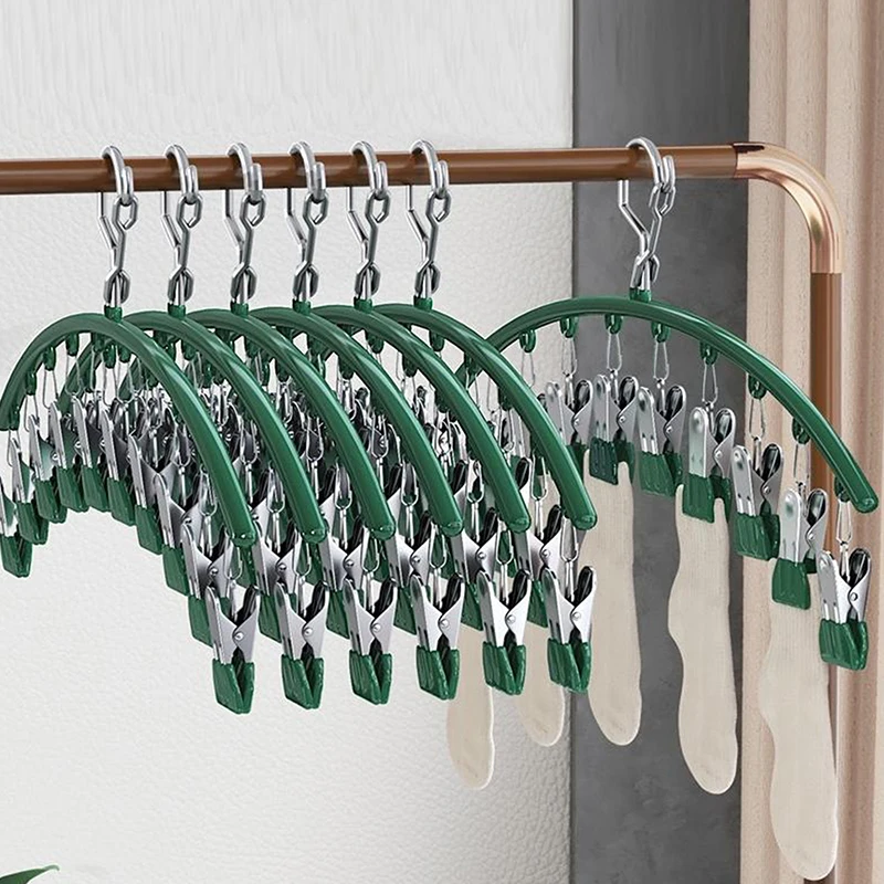 Stainless Steel Clothes Drying Hanger Metal Waterproof Drying Rack 10 Clips Hook Laundry Airer Hanger Underwear Socks Holder