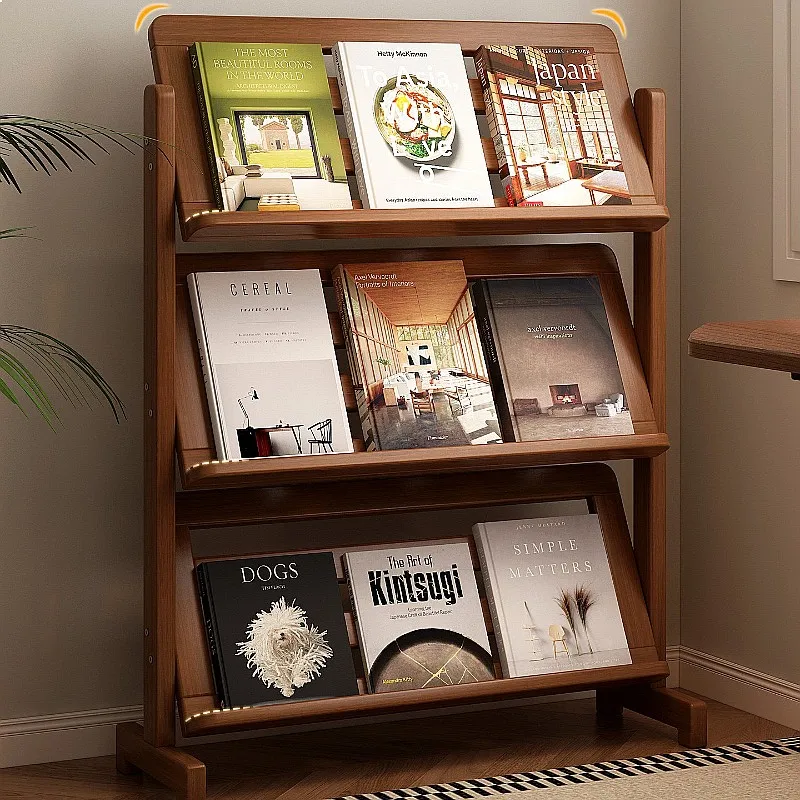 Modern Nanmu Bookcase Heavy Duty Floor Shelf Magazine Rack for Bedroom Living Room Kids Display Stand