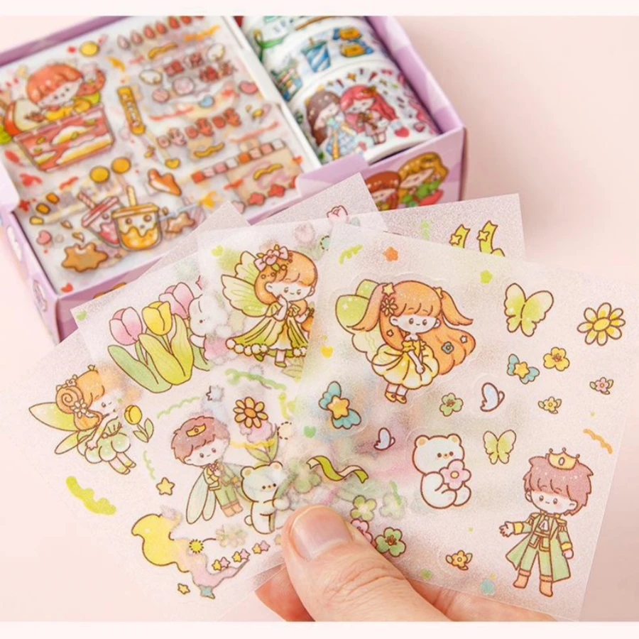 1 box of 4 stickers and 4 rolls of adhesive tape sticker gift set Used for notebook DIY cartoon sticker set children\'s stickers