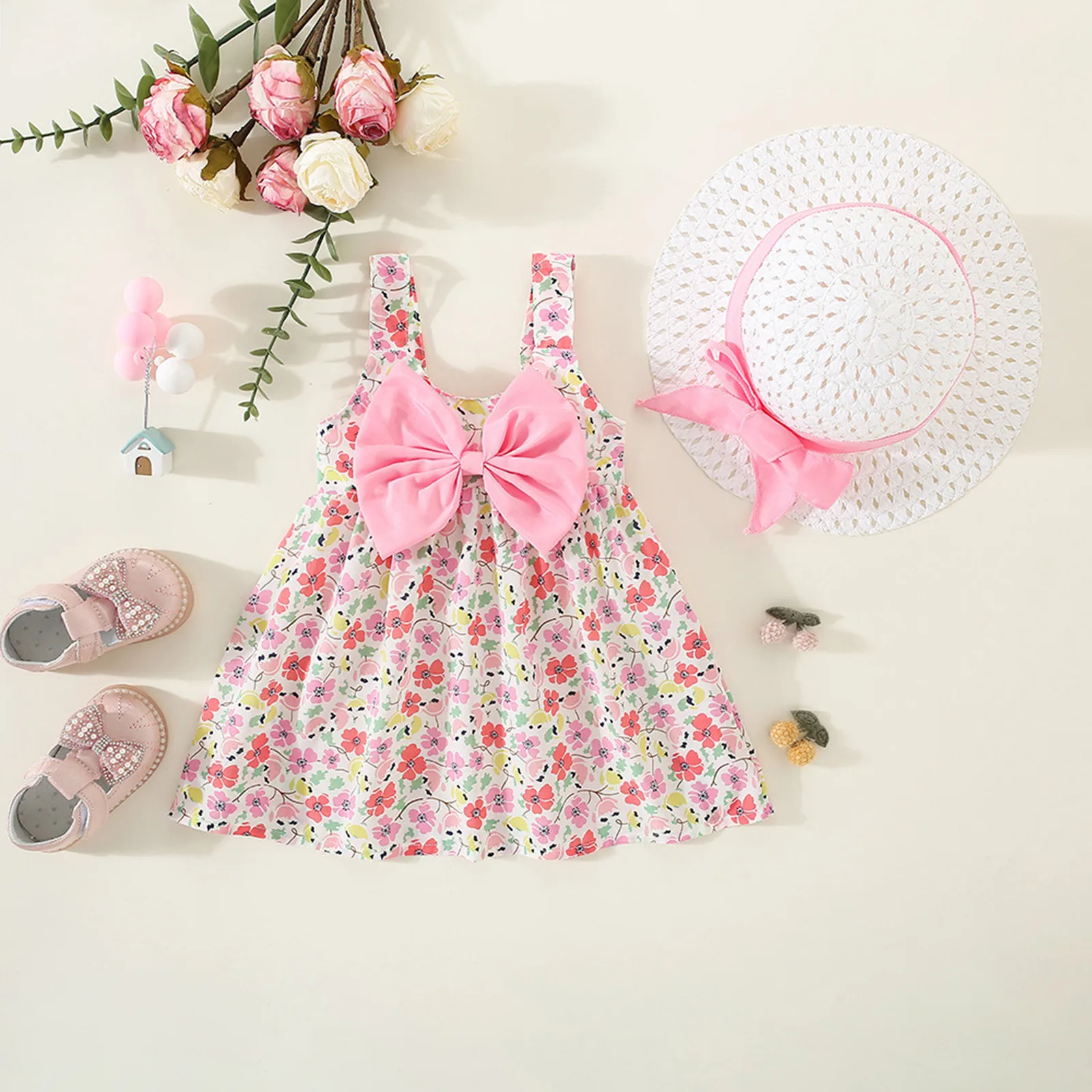 

Summer Toddler Girls Clothes Suits Baby Beach Dresses Cute Ruffles Sleeve Cotton Newborn Princess Dress+Bowknot Sunhat 2Pcs Sets