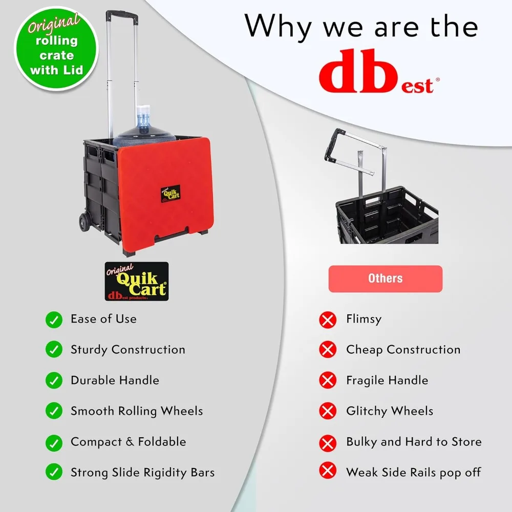 Collapsible Rolling Cart with Wheels, 80 lbs Capacity Heavy Duty Plastic Tote Basket, Foldable Seat Utility Crate Red