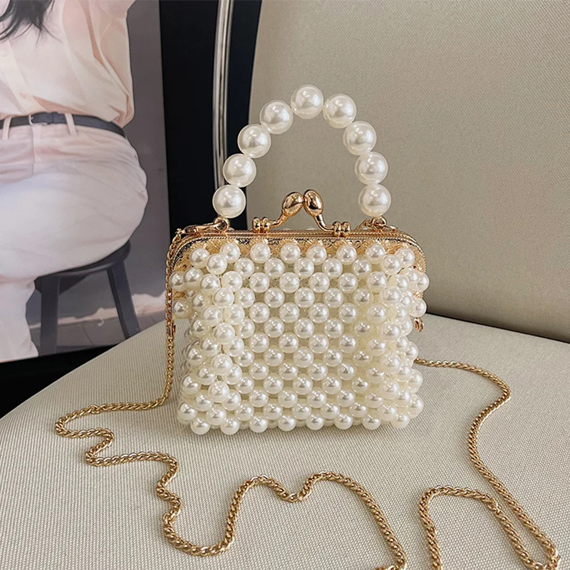 

Luxury Designer Women's Bag Handmade Beaded Bag New Chain Shoulder Crossbody Bag Mini Lipstick Pouch Vintage Pearl Evening purse