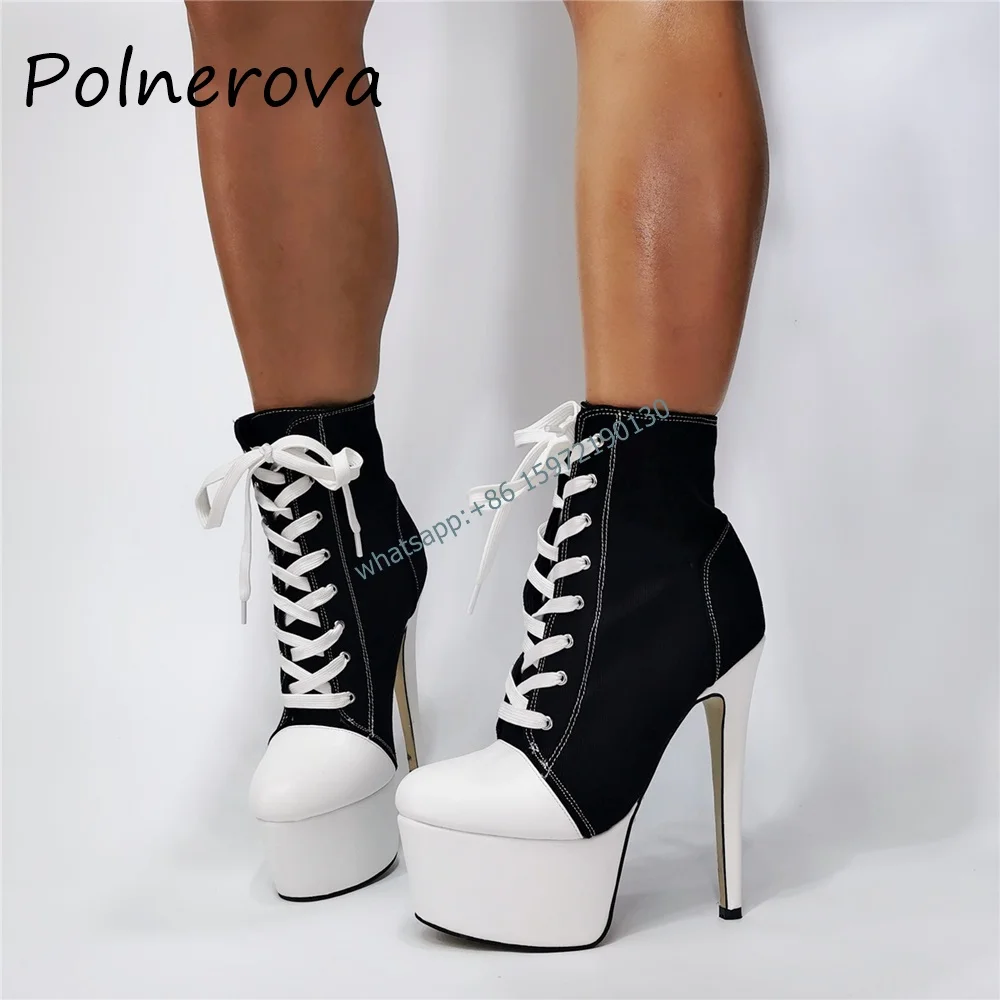 Platform High Heels Pumps Pointy Toe Lace Up Mixed Color Stiletto Sneakers Black Red Novel Runway Street Shoot New Fashion Shoes