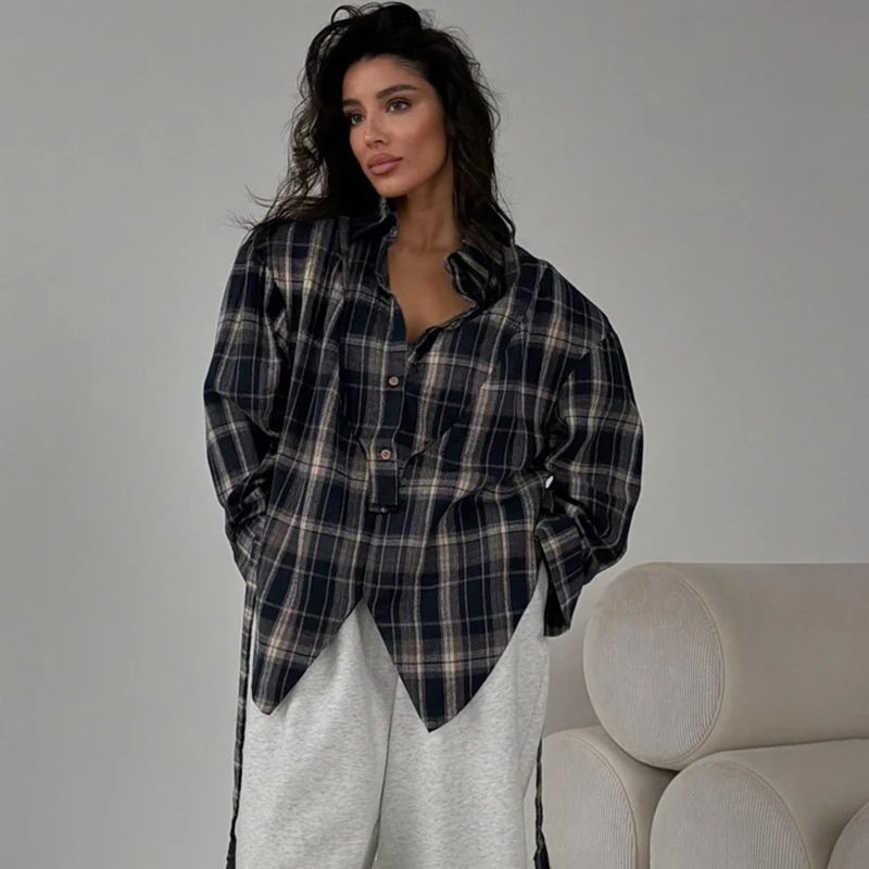 

Женская рубашка Tornova в стиле ретро с клетчатым узором, отложным воротником, завышенной талией, на шнуровке, повседневная, свободная, с длинным рукавом, топ, новинка весны 2026