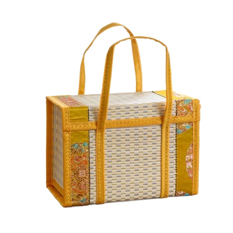 Foldable Environmental Friendly Lunch Bags Chinese New Year Gift Box Rectangular Woven Bamboo Basket Rattan Weaving Packaging