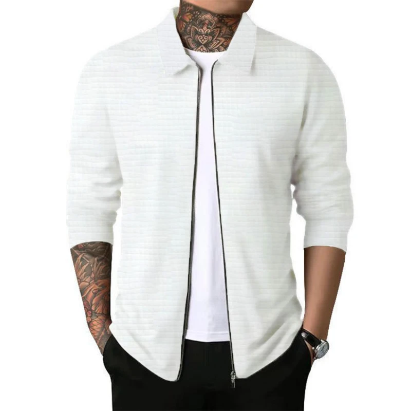 

Men's Autumn New Cardigan Zippered Jacket Casual Long Sleeved Lapel Waffle Pullover Tops