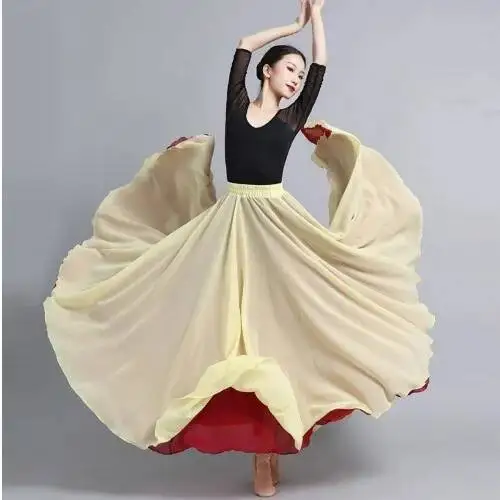 Flamenco Chiffon Dansrok Dames 720 Graden Effen Kleur Lange Rokken Danser Oefenkleding Chinese Stijl Rok met Grote Zoom