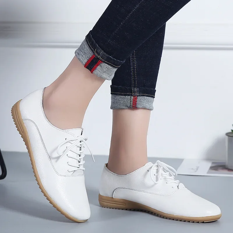 Spring Summer Women Oxford Shoes Ballerina Flats Shoes Women Genuine Leather Shoes Moccasins Lace Up Loafers Zapatos Mujer