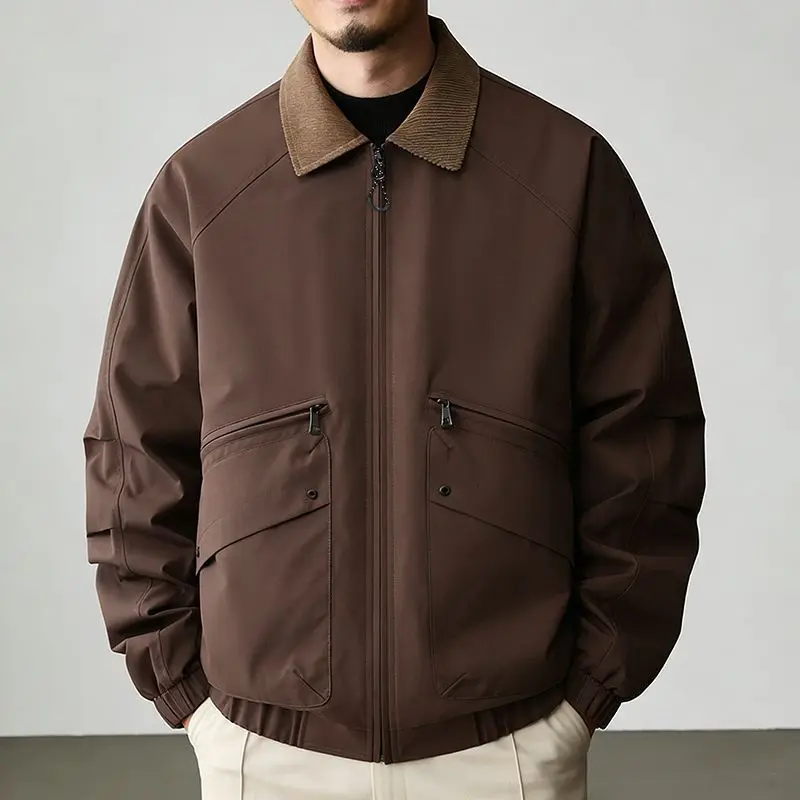 Retro Splicing Collar Tooling Jacket Men's Autumn Three-dimensional Zipper Pocket Middle-aged Daily Travel Versatile Coat