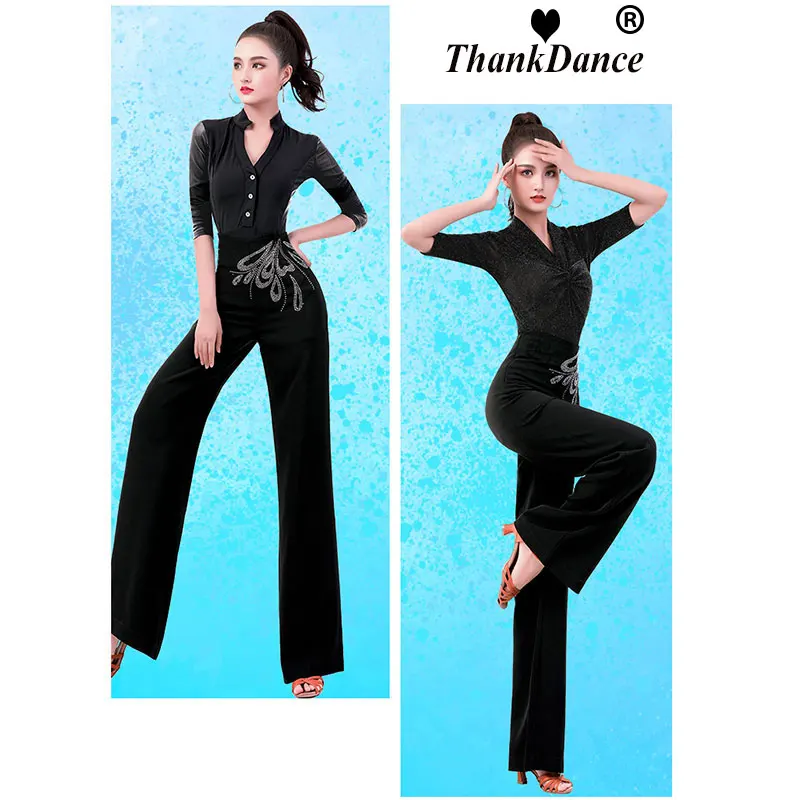 Elegant Women Diamonds Fashion Wide Leg Pants Ballroom Elastic High Waist Latin Dance Pant Modern Straight Latin Waltz Trousers