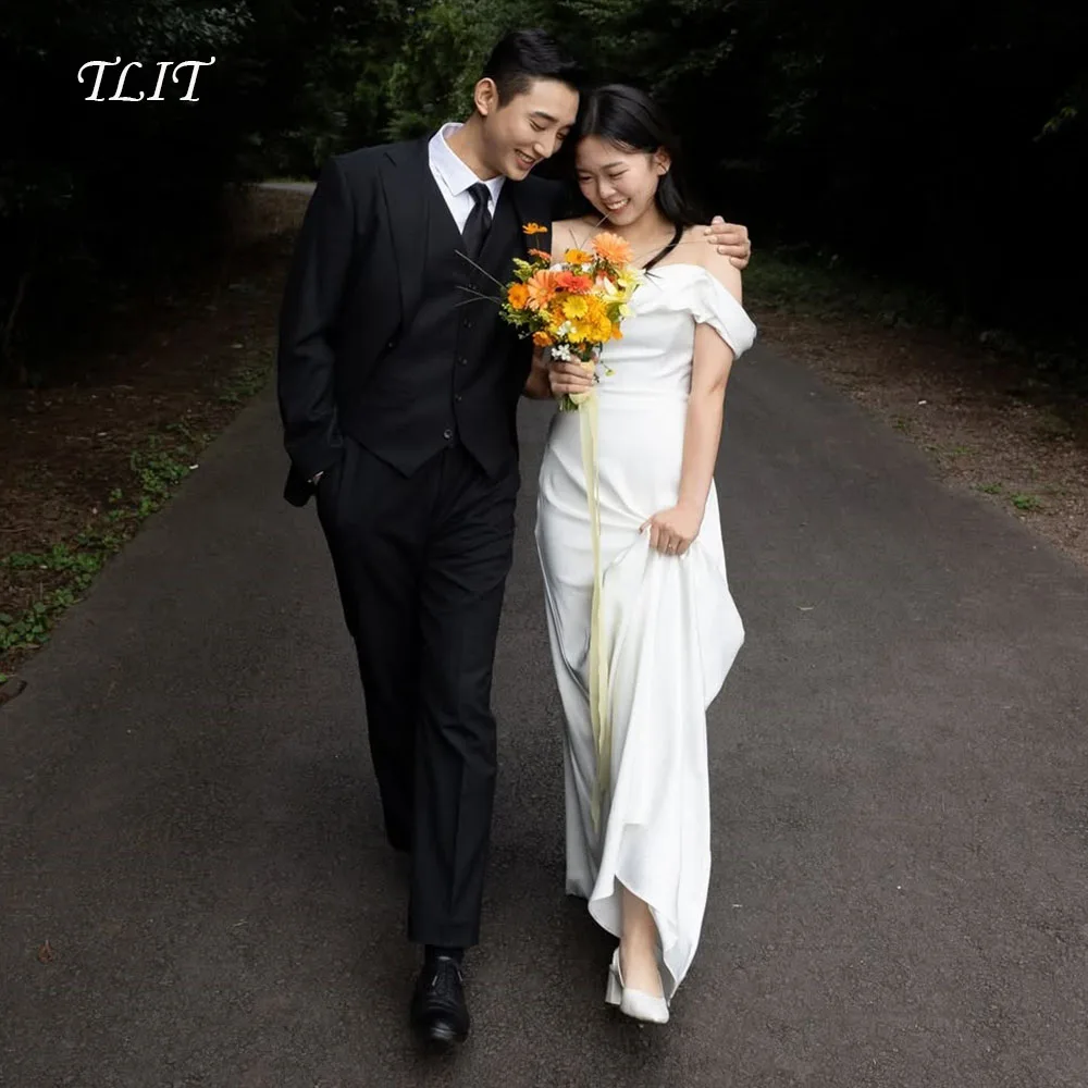 

TLIT Elegant White Silk Satin Wedding Dresses Customized Strapless Off The Shoulder Mermaid Gown Bridal Gowns for Photo Shoot
