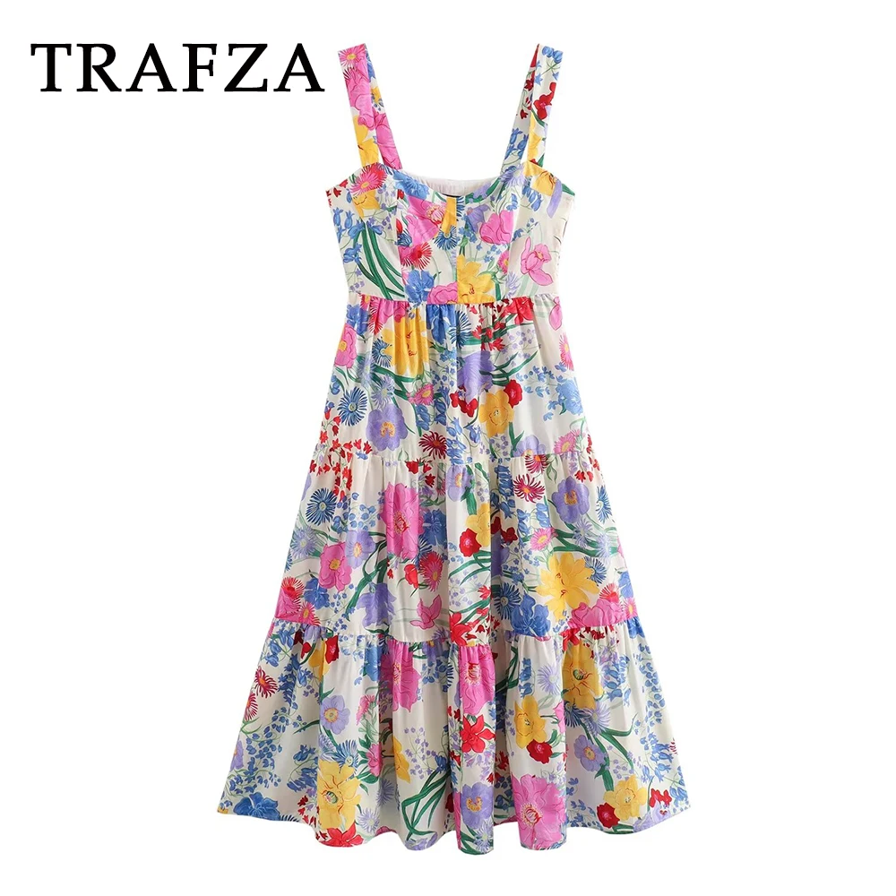 TRAFZA 2024 Summer Casual Women Floral Print Dress Draped Sleeveless Short Skirts Folds Zipper Dresses Fashion Women Dresses