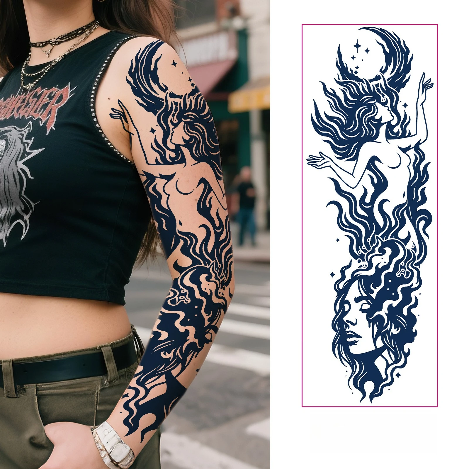 

Waterproof Non-Glare Semi-Permanent Dark Floral Arm Tattoo Stickers Herb Juice Full Arm Tattoo Decals