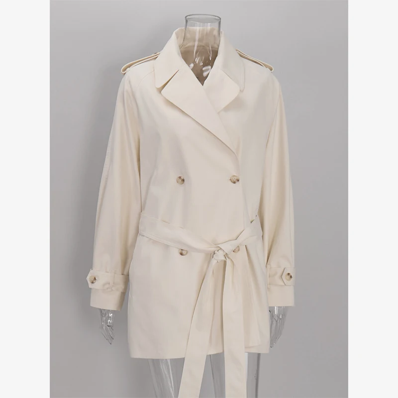 Women Solid Belted Tie Waist Midi Trench Coat  Fashion Lapel Double Breasted Pocketed Loose Windproof Jacket Daily Trendy Wear