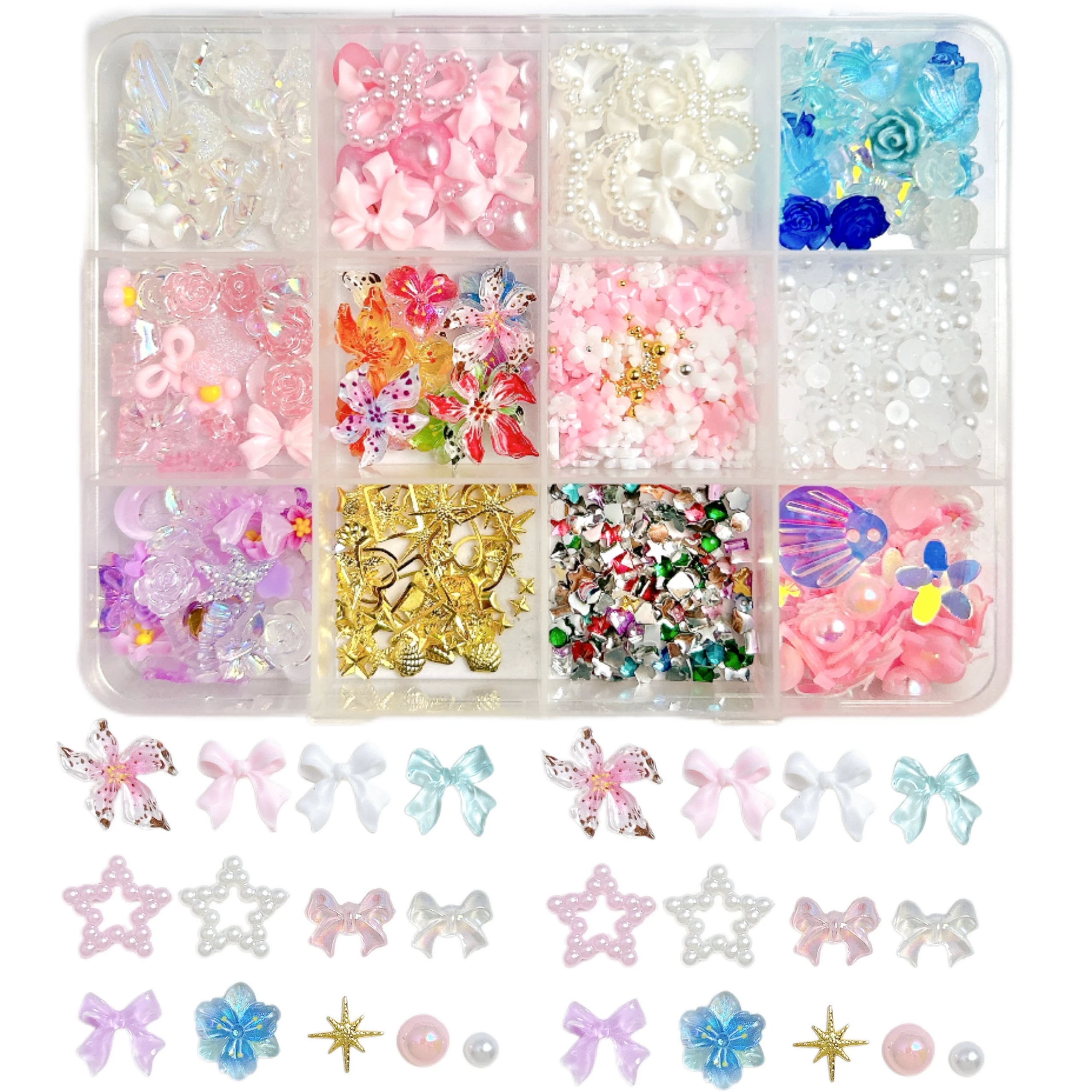 1 صندوق عشوائي مختلط سبيكة فراشة الكرز مسمار السحر شفافة القوس زهرة مقلد اللؤلؤ مختلط مسمار الفن زينة DIY الأظافر