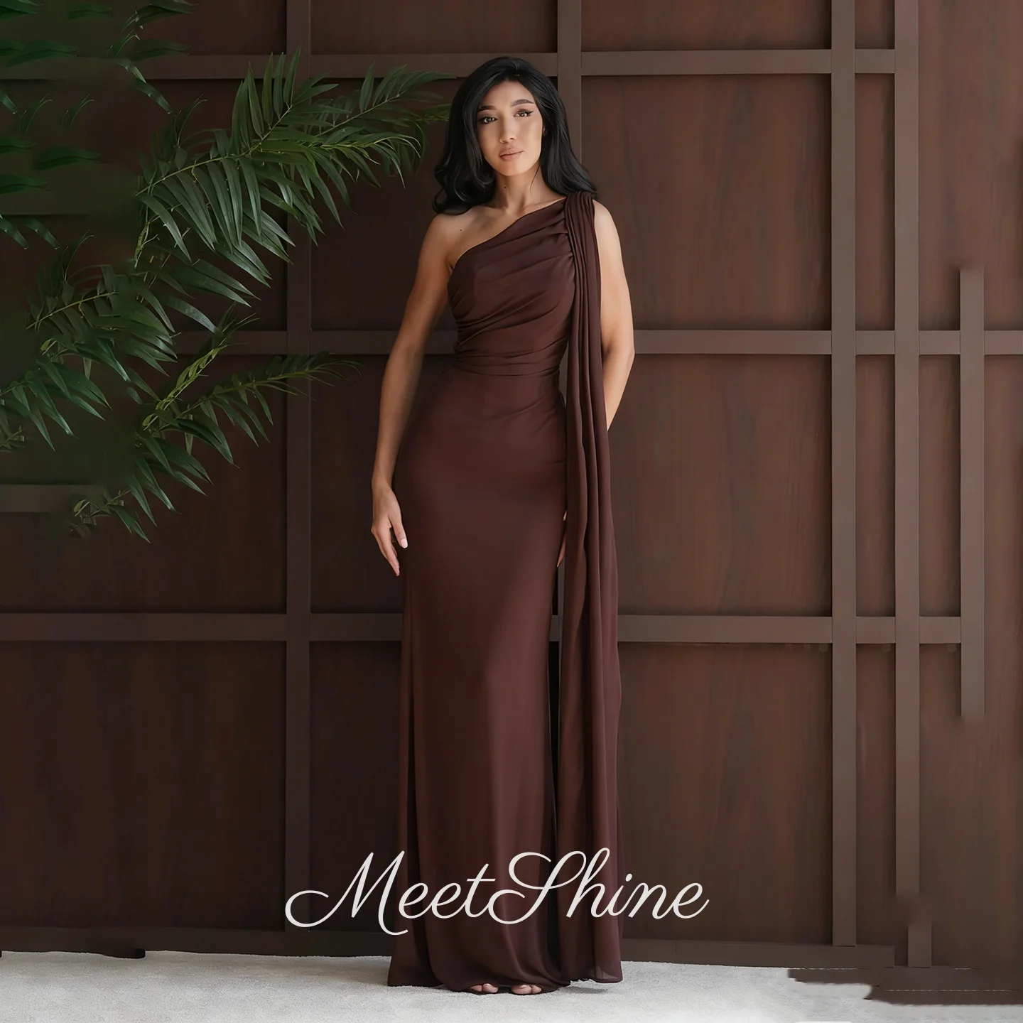 

Modern Brown One Shoulder Mermaid Pleated Chiffon Evening Dresses Dubai Sleeveless Sweep Train Formal Prom Dresses Customized