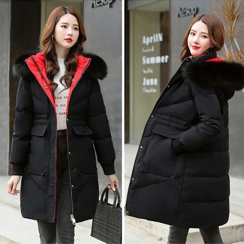 White Duck Down  Women's Mid-length Coat Fashion Hooded Loose Big Fur Collar Black 2022 Winter New Temperament Coat Women