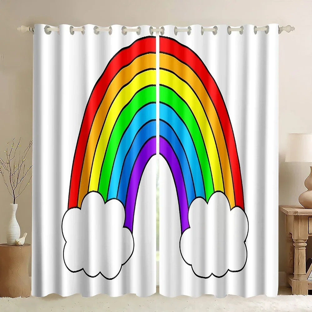 Rainbow Window Curtain for Kids Room Cute Rainbow Abstract Cartoon Windows Drapes Creative Vintage Sun Blackout Window Curtains