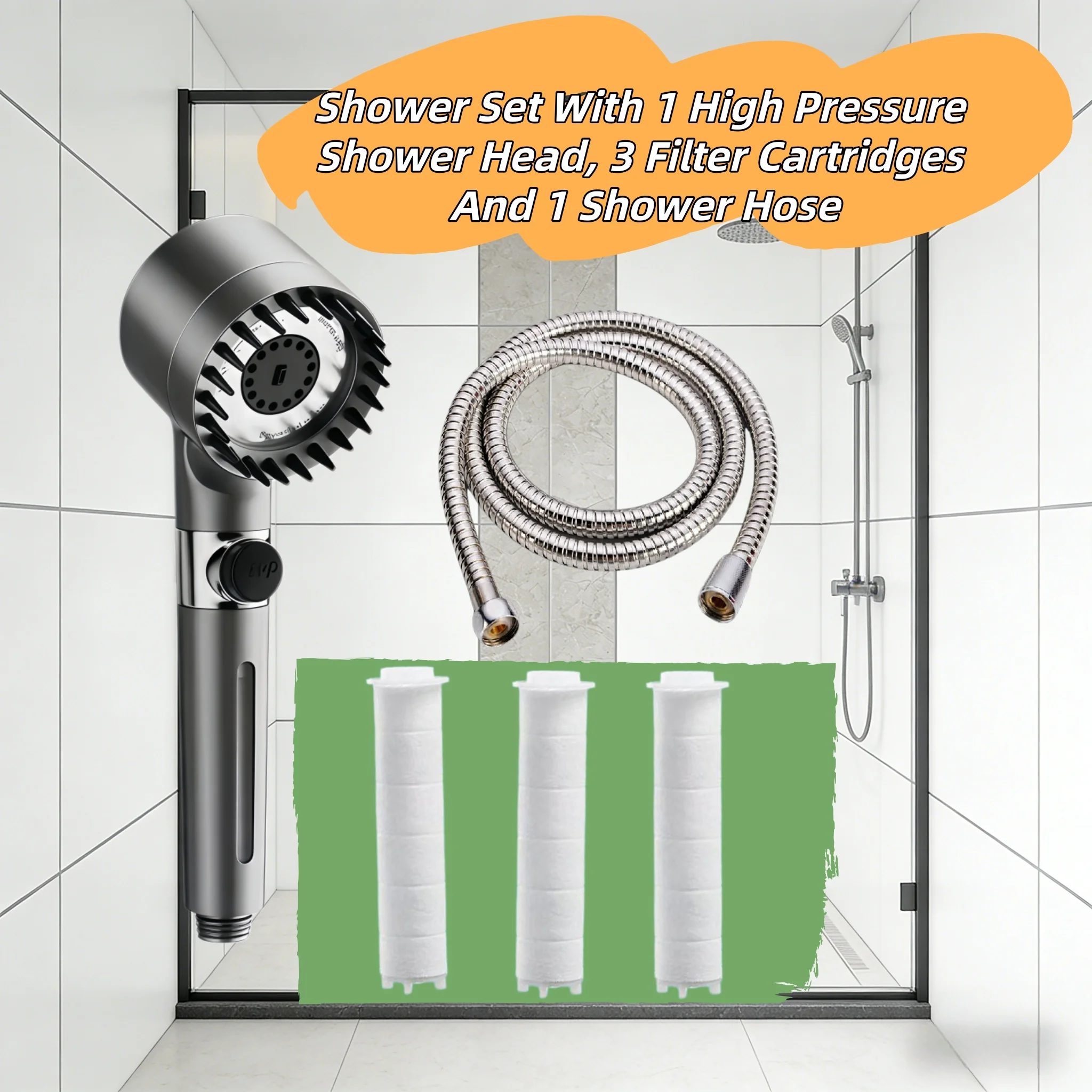 

5PCS Gray High Pressure Water Saving Shower Head Set 3 Modes Adjustable with 3 Filter & 59in Shower Hose
