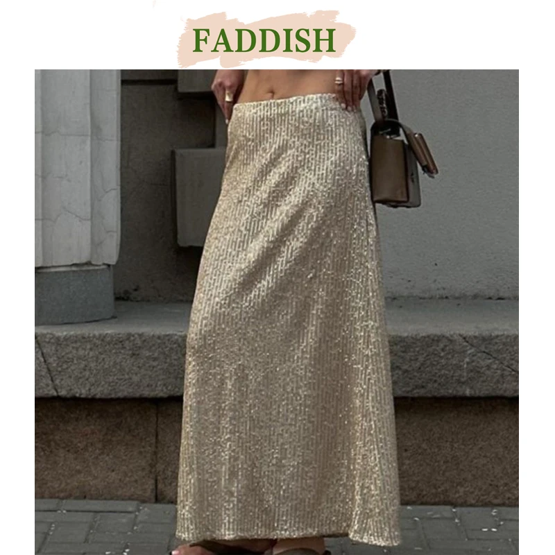 FADDISH 2024 New Women Fashion Loose Sexy Sequin Skirts Female Solid Color Causal Long Skirt Laides