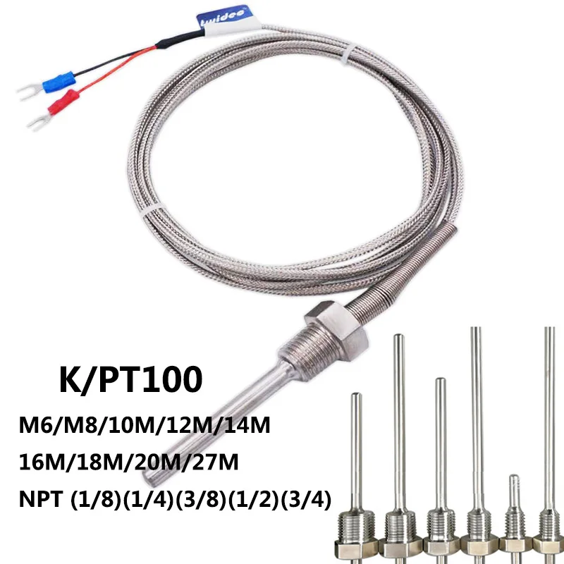 Rosca, sonda de aço inoxidável, K, tipo PT100, tubo termopar, controlador de temperatura, 800 ° C, M6 ~ 27M, NPT, 1/8 ~ 3/4